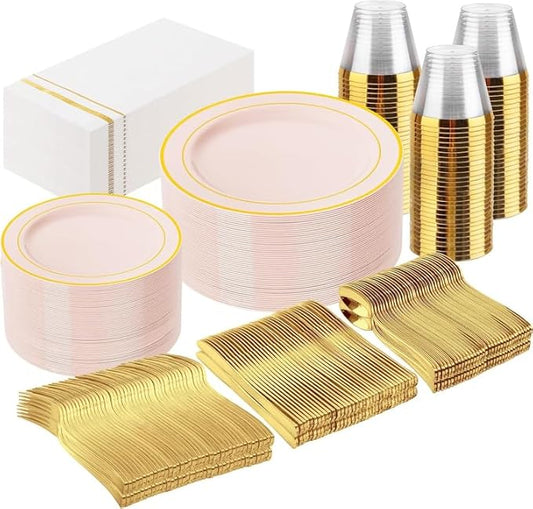 GATHER 350PCS Pink Plastic Plates - Disposable Plastic Dinnerware Set Include 100 Pink Plates, 150 Silverware, 50 Napkins, 50 Cups for Party & Wedding & Baby Shower