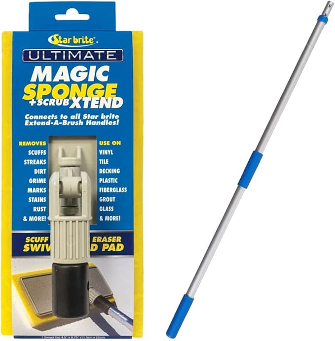 STAR BRITE Ultimate Magic Sponge +Scrub XTEND Combo - Dual Articulating Flex Head Scrubber + 3'-6' Extending Aluminum Handle