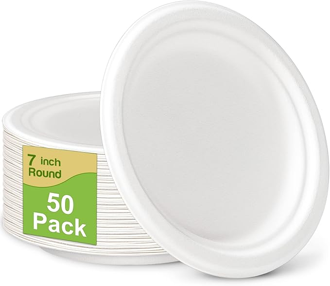 Small Plates 7 Inch, 50 Pack Disposable Dessert Cake Compostable, Eco Friendly Heavy Duty for Daily Meals, White
