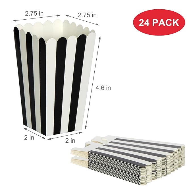 XIEHE 24 Pack Striped Popcorn Boxes - Carnival Parties Mini Paper Popcorn and Candy Containers, Party Supplies for Movie Nights (Black)