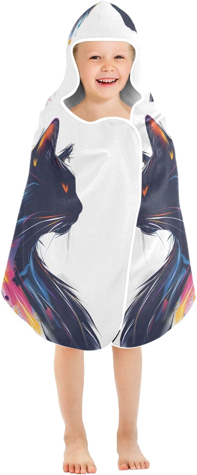 Hooded Towel for Kids Watercolor Colored Cat Beach Wrap Bath Towels 50x23.5in