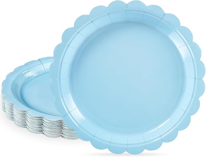 NatNarr 30 Pcs Dessert Plates Disposable, 7 Inch Light Blue Cake Plates Scalloped Small Appetizer Birthday Plate Cute Baby Blue Paper Plate for Boy Baby Shower, Birthday, Wedding