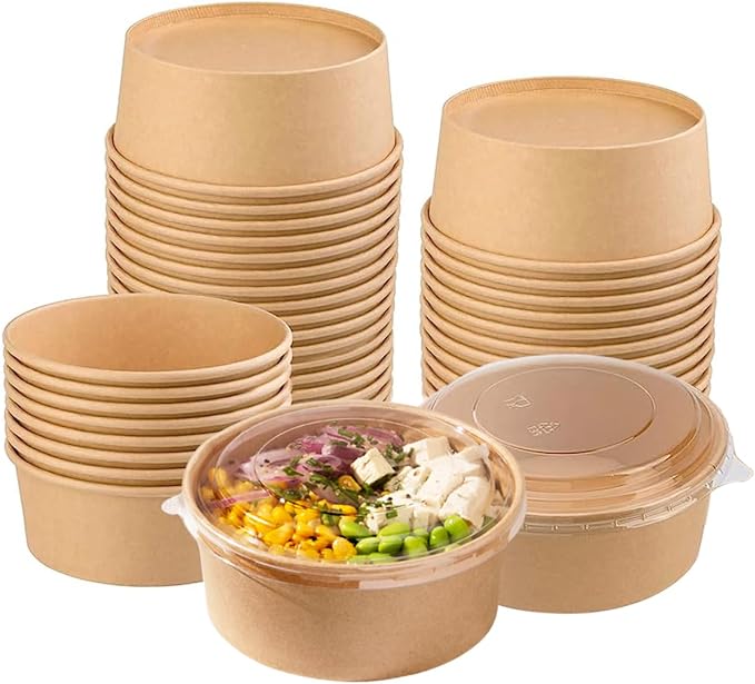 Disposable Bowls with Lid | Meal Prep Paper Bowls | To Go Salad Ramen Food Containers with Lids (17 oz - 50 Sets)
