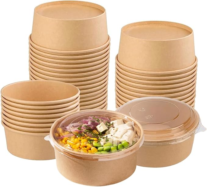 Disposable Bowls with Lid | Meal Prep Paper Bowls | To Go Salad Ramen Food Containers with Lids (44 oz - 25 Sets)