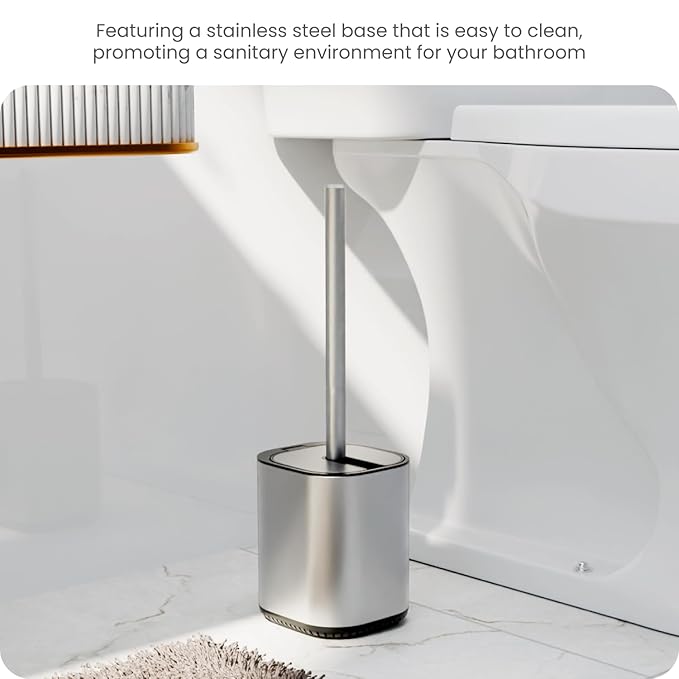 Home Zone Living Toilet Brush with Automatic Lid and Stainless Steel Handle, Compact Bathroom Cleaning Tool