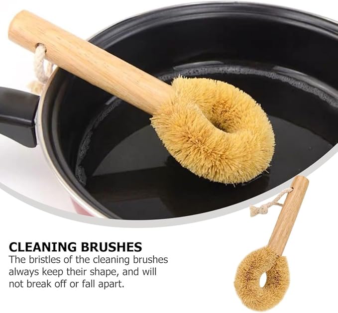 1pc Wooden Handle Coconut Palm Pot Scrubber Brush for Kitchen Cleaning Natural Bowl Cleaning Tool Comfortable Grip for Pots Pans and Dishes