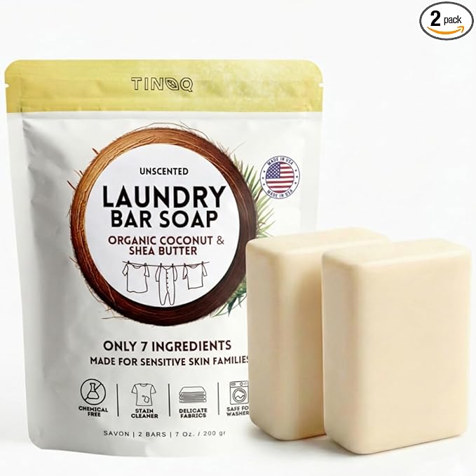 Unscented Laundry Soap Bar - Natural Ingredients with Organic Coconut Oil for Sensitive Skin - 2Pcs