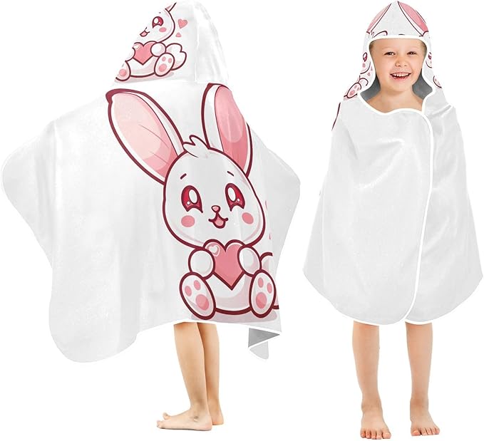 Kids Hooded Towels Kawaii Valentine Bunny Holding Heart Swimming Beach Towel 23.5" x 50" Bath Towel for Boys Girls 21219230