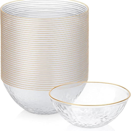 R-kay 100 Pack Hammered Gold Plastic Bowls Disposable Heavy Duty - 12 Oz Clear Plastic Bowls For Parties - Premium Clear Disposable Bowls for Hot Soup, Salads.