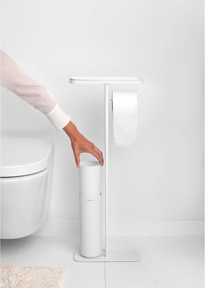 Brabantia Mindset Toilet Butler | Mineral Fresh White | Freestanding All-in-One Bathroom Accessory Set | Toilet Paper Holder Stand, Integrated Shelf & Toilet Brush & Holder | Bathroom Phone Holder