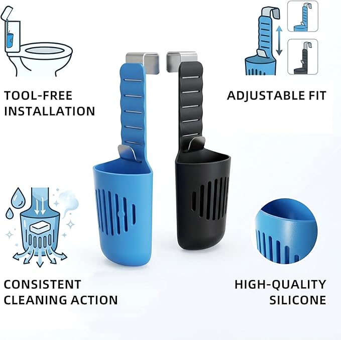 Adjustable Toilet Tank Tablet Holder, Hanging Controlled Release Bleach Tablet Dispenser, Large Silicone Basket Carrier with Rustproof Hooks for Toilet Tank, Fit Up to 7" Water Level,2pcs bla
