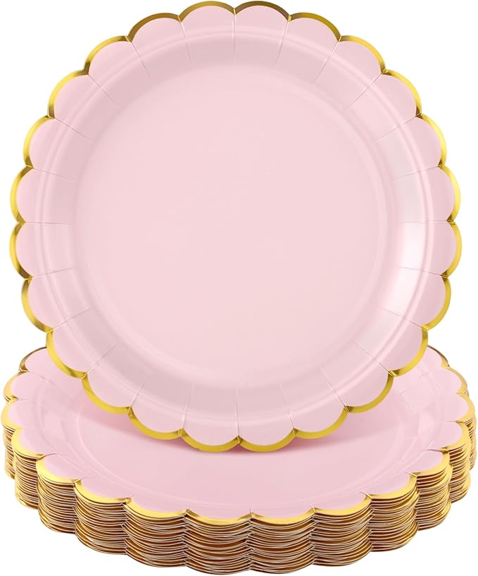 NatNarr 30 Pcs Pink Paper Plates 9 Inch Scalloped Pink and Gold Party Plates Cute Birthday Dessert Cake Plate for Girls Birthday, Baby Bridal Shower, Tea Party, Mothers Day