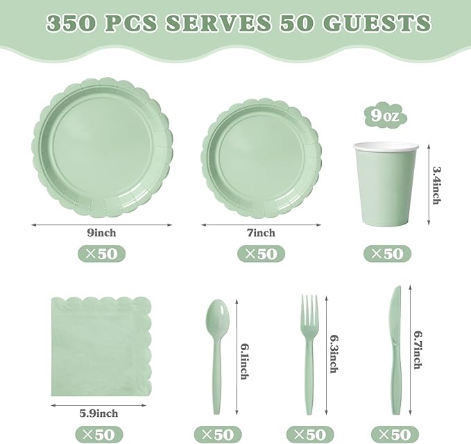Vyntra 350 Pcs Sage Green Birthday Paper Plates and Napkins Set for 50 Guests, Disposable Party Supplies with Cups and Cutlery