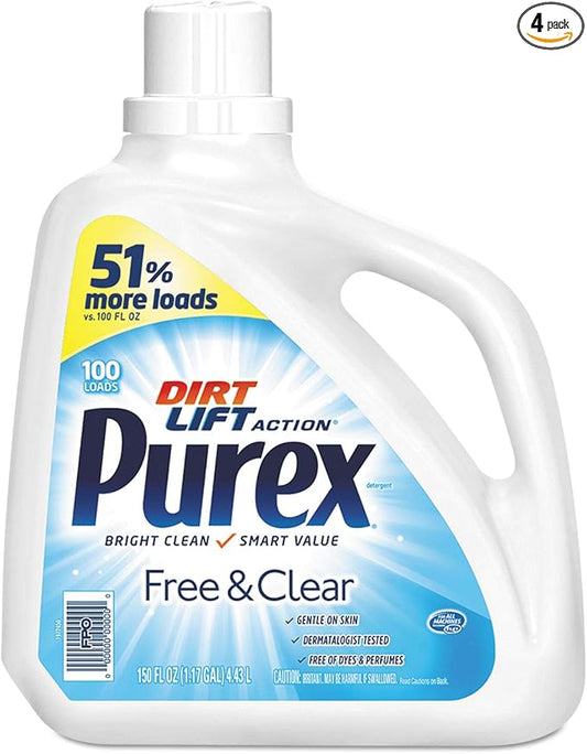 Purex Free & Clear for Sensitive Skin Liquid Laundry Detergent, 115 Loads, 150 OZ (Pack of 4)