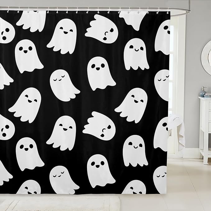 Cute Cartoon Ghost Shower Curtains,Halloween Theme Bathroom Curtains for Kids Teens Adults,Lovely Black White Waterproof Bath Curtains with 12 Hooks for Bathtub,72" W x 72" L