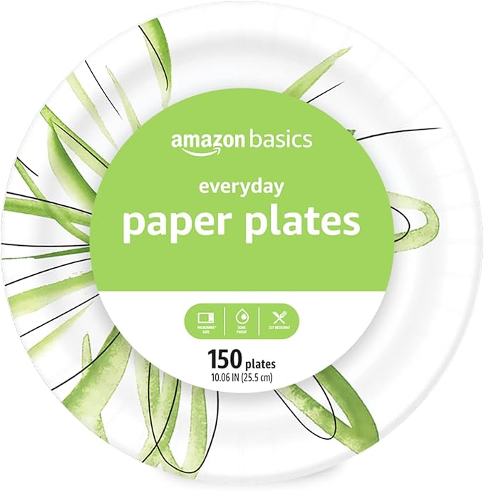 Amazon Basics Everyday Disposable Paper Plates, 10 Inch, Microwave-Safe, Cut Resistant, Soak-Proof, 150 Count