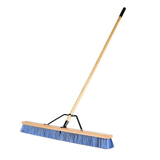 Restaurantware-Clean Tek Professional 36 Inch Push Broom, 1 Heavy-Duty Broom with 60” Handle - Medium Plastic Bristles, Durable, Wooden, Commercial Use, for Deck, Driveway, Garage, Yard, Patio