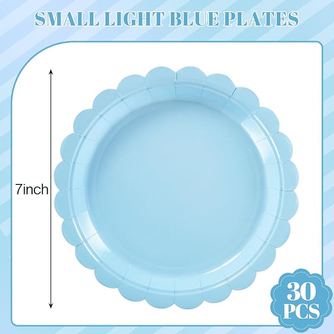 NatNarr 30 Pcs Dessert Plates Disposable, 7 Inch Light Blue Cake Plates Scalloped Small Appetizer Birthday Plate Cute Baby Blue Paper Plate for Boy Baby Shower, Birthday, Wedding