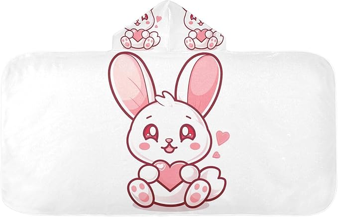Kids Hooded Towels Kawaii Valentine Bunny Holding Heart Swimming Beach Towel 23.5" x 50" Bath Towel for Boys Girls 21219230