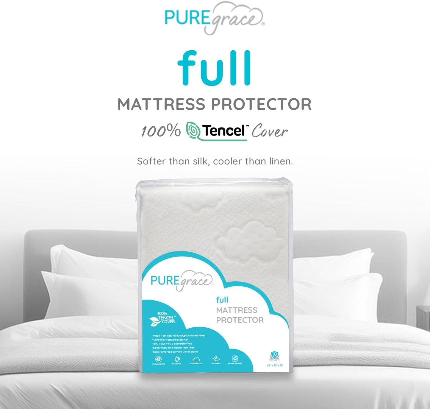 PUREgrace Tencel Mattress Protector (Full) – Waterproof, Noiseless Cover for Potty Training, Breathable and Durable with Deep-Pocketed Corners for Secure Fit