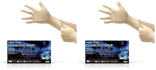 Ansell Microflex Diamond Grip MF-300 Disposable Latex Gloves for Automotive, Machinery Industries - Large, Natural Clear Large (Pack of 200)