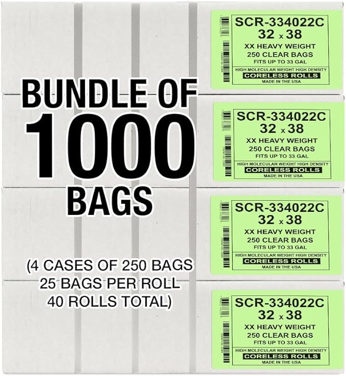 Aluf Plastics 33 Gallon 22 Micron (eq) Premium Clear Trash Bags - 32" x 38" For Office, Kitchen, Bathroom, Commercial, Janitorial, Industrial, & Hospitality (Pack of 1000)