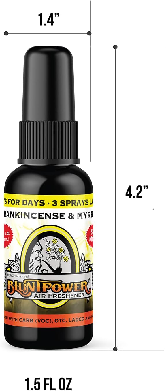 BluntPower (Frankincense & Myrrh, 1 Pack) Concentrated Air Freshener for Room and Car Spray - Oil-Based Diffuser Spray Bottle - Long-Lasting Bathroom Spray, Car Freshener, & Odor Eliminator Spray