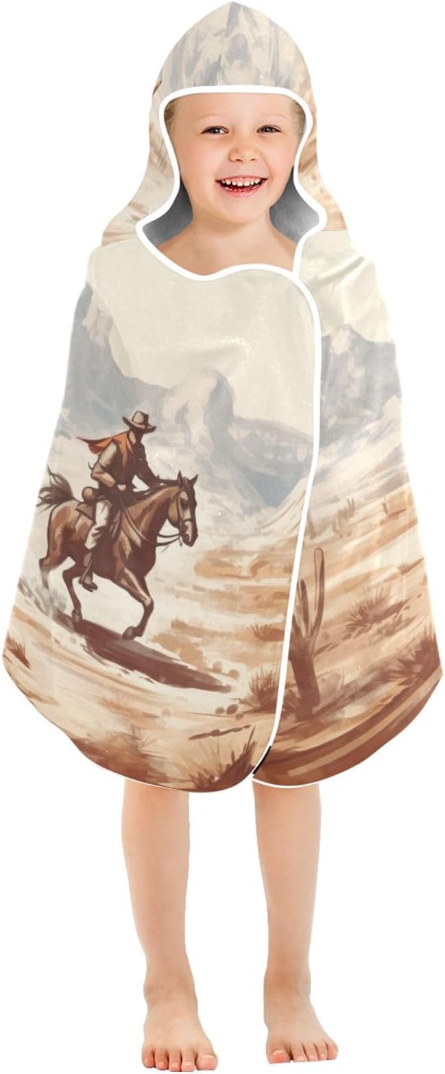 Vintage Western Cowboy Kids Bath Towel 24"x50" Soft Absorbent Hooded Towel for Kids Toddler, Wearable Wrap for Beach & Bath Time Fun