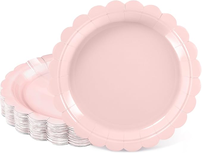 NatNarr 30 Pcs Pink Paper Plates, 7 Inch Scalloped Pink Dessert Cake Plates Cute Small Birthday Appetizer Party Plate for Girls Birthday, Wedding, Bridal Baby Shower
