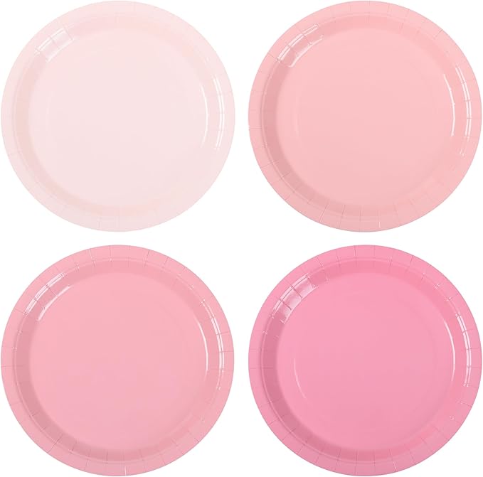 AimFun Gradient Pink Paper Plates 9 Inch Disposable Round Dinner Plates for Coquette Birthday Wedding Baby Bridal Shower Bow Christmas Party Supplies (24, Pink)