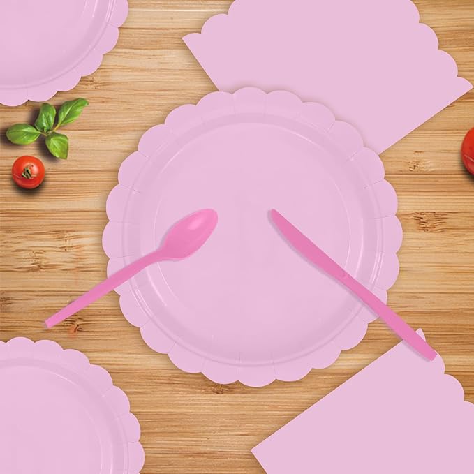 140 Pcs Pink Paper Plates and Napkins, Light Pink Party Supplies Include Scalloped Plates Napkins Cups Plastic Spoons Forks Knives for Baby Bridal Shower, Wedding, Birthday