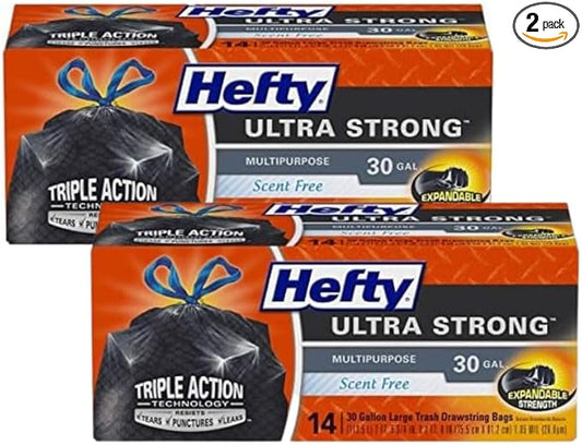 Hefty Ultra Strong Multipurpose Large Trash Bags, Black, Unscented, 30 Gallon 14 Count (Pack of 2)