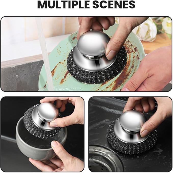 Steel Wool Scrubber with Handle, Upgrade Heavy Duty Stainless Steel Dish Scrubber for Cleaning Dishes, Iron Pots, Stoves, Kitchen Sink (3 pcs)