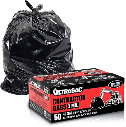 Ultrasac Contractor Bags, 42 Gallon, 32.75" X 47" - 3 MIL Thick Large Black Trashbags for Construction and Commercial use - (1 Pallet of 112 Cases, 5600 Bags Total), 50 Ct. (719963)