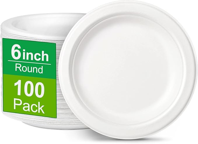 Paper Plates 6 inch, Small Paper Plates 100 Pack, Disposable Plates in Bulk, 100% Compostable Paper Plates, Sturdy Heavy Duty Plates for Dessert, Cake, Appetizer, White