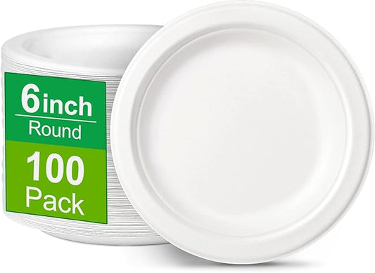 Paper Plates 6 inch, Small Paper Plates 100 Pack, Disposable Plates in Bulk, 100% Compostable Paper Plates, Sturdy Heavy Duty Plates for Dessert, Cake, Appetizer, White