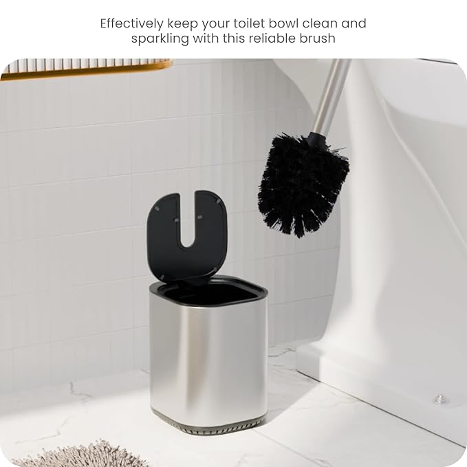 Home Zone Living Toilet Brush with Automatic Lid and Stainless Steel Handle, Compact Bathroom Cleaning Tool
