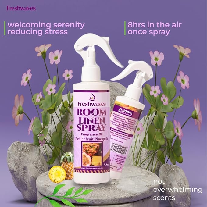 Freshwaves Room & Linen Spray | Passionfruit Pineapple Fragrance Oil | 8.8oz Air Freshener | Odor Eliminator | Room Spray for Living Room, Bedroom, Bathroom & Office | White Trigger Bottle