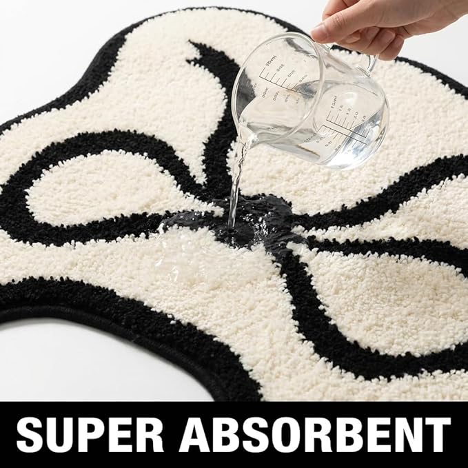 Black Scalloped U-Shaped Toilet Mat 20x24, Cute Luxury Plush Bath Rug, Soft Absorbent Non-Slip Microfiber Floor Mat for Bathroom Decor and Toilet Base, Machine Washable