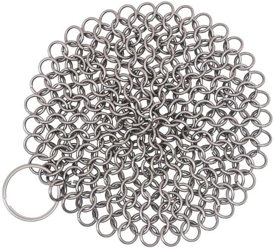Mythrojan Cast Iron Cleaner, 7 Inches Stainless Steel Round Chainmail Scrubber For Cast Iron Pan Skillet, Wok, Pot, Pan; Pre-Seasoned Pan Dutch Ovens Waffle Iron Pans Scraper Cast