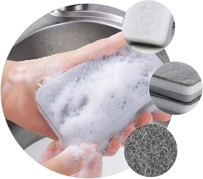 5-Piece Thick Three-Layer Rounded Corner Cleaning Sponge Block Kitchen Supplies scouring pad, Double-Sided Brown+White+Yellow dishwashing Sponge Wipe 11 * 7 * 3.5cm