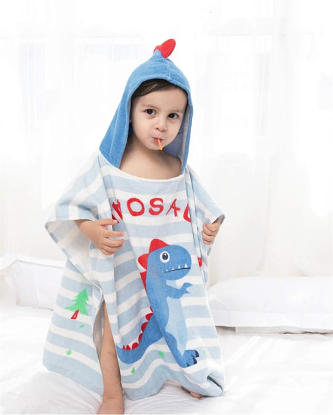 TONWHAR Kids Bath/Pool/Beach Hooded Poncho Towel-Cartoon Animal Pattern Cotton Beach Towel for Baby and Kids (Dinosaur, 5-9 Years/Height:43.3"-51.2")