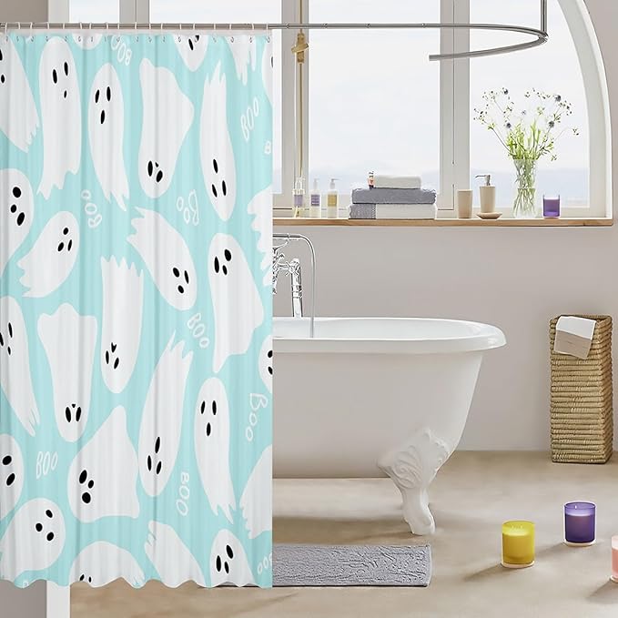 Cute Cartoon Ghost Style Fabric Shower Curtain,Teal Blue White Shower Curtain for Bathroom,Kids Skull Ghost Waterproof Shower Curtain 78 Inch Long