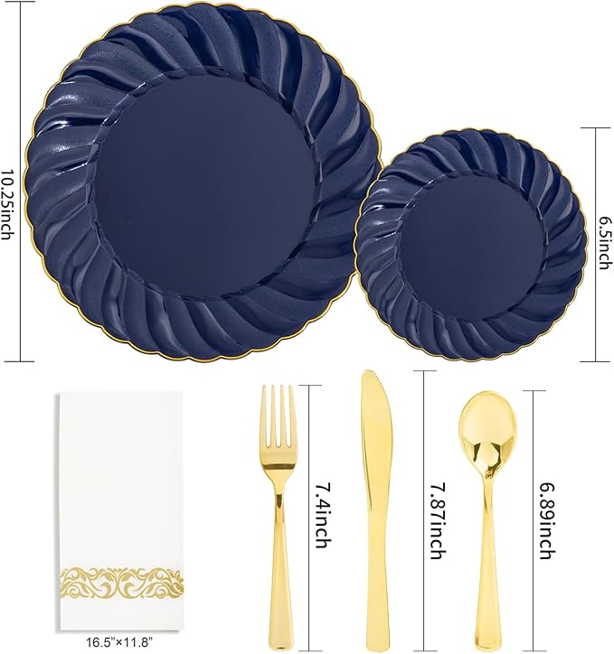 YOUBET 150PCS Blue Plastic Plates - Gold Plastic Silverware - Heavy Duty Navy Blue Disposable Plates include 50 Plates, 25 Forks, 25 Knives, 25 Spoons, 25 Napkins for Wedding Birthday Parties