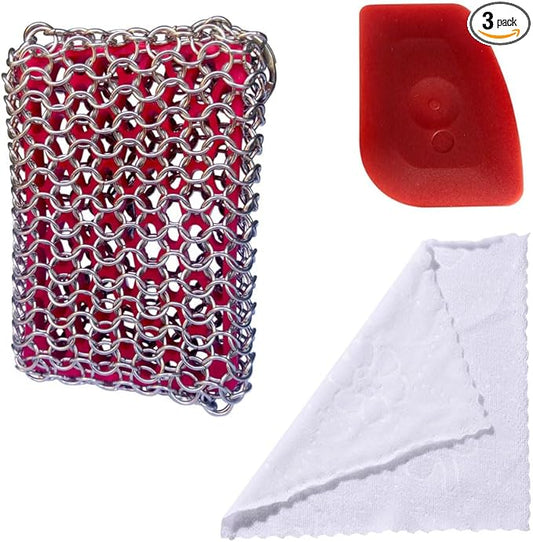 Cast Iron Skillet Cleaner, 316 Chainmail Scrubber Built-in Silicone Cast Iron Cleaner for Cast Irons Grill Pan Skillet Wok Bakeware Easy to Use Dishwasher Safe, Scrubber + Scraper + Towel