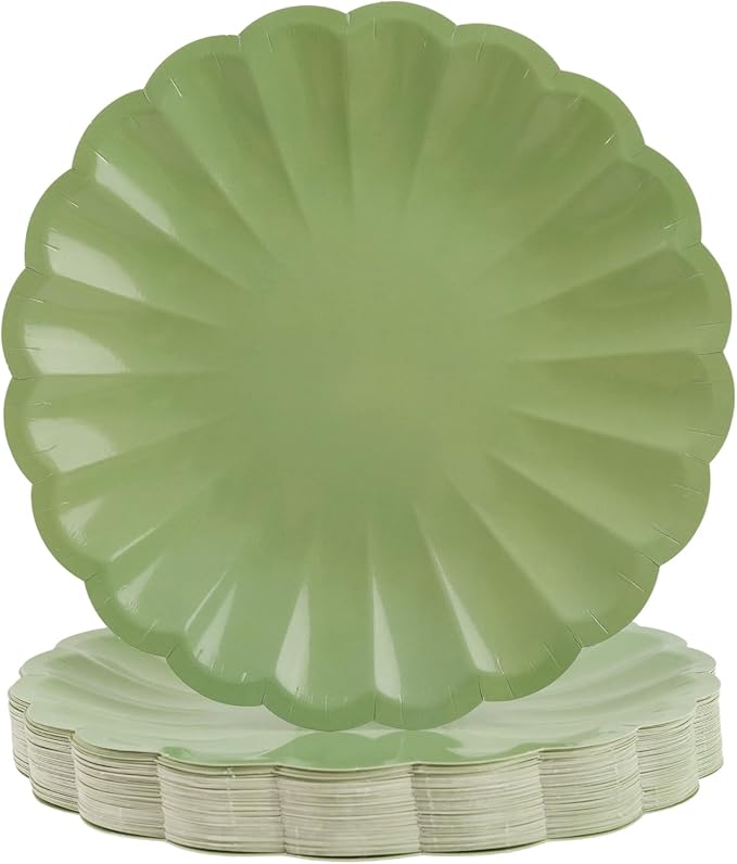 50Pcs Large Scalloped Sage Green Paper Plates 9Inch Shell Edge Dinner Plates for Cake Salad Fruit Disposable Dinner Serving Plates for Birthday Wedding Baby Shower Party Decorations