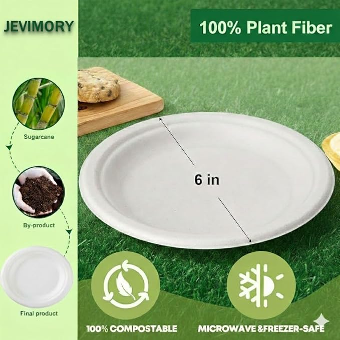 125 Pack 6 inch Paper Plates, Heavy-Duty Disposable Paper Plates 100% Compostable - Biodegradable Bagasse Dessert Plates Bulk for Party, Wedding, Snacks (Natural) (6 Inch 125 Pack White)
