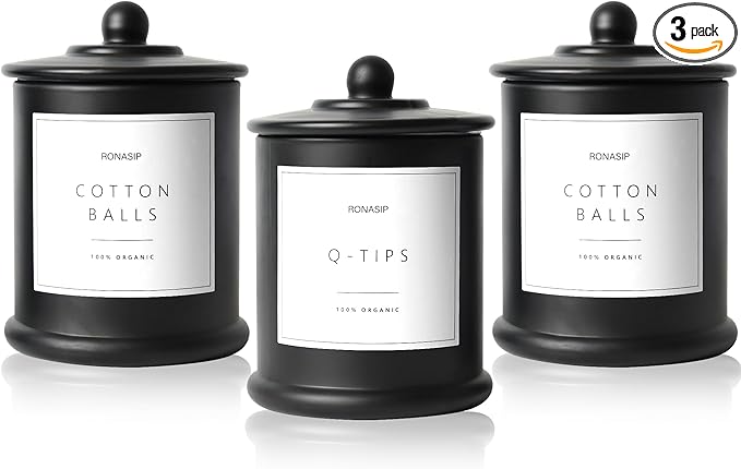 Ronasip 3 Pack Qtip Holder Dispenser, 16oz Bathroom Organizer and Storage Canisters, Glass Apothecary Jars with Lid - Home Decor, Room Decor Aesthetic (Black)