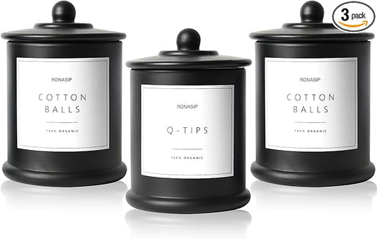 Ronasip 3 Pack Qtip Holder Dispenser, 16oz Bathroom Organizer and Storage Canisters, Glass Apothecary Jars with Lid - Home Decor, Room Decor Aesthetic (Black)