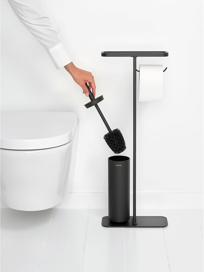 Brabantia Mindset Toilet Butler | Mineral Infinite Gray | Freestanding All-in-One Bathroom Accessory Set | Toilet Paper Holder Stand, Integrated Shelf & Toilet Brush & Holder | Bathroom Phone Holder